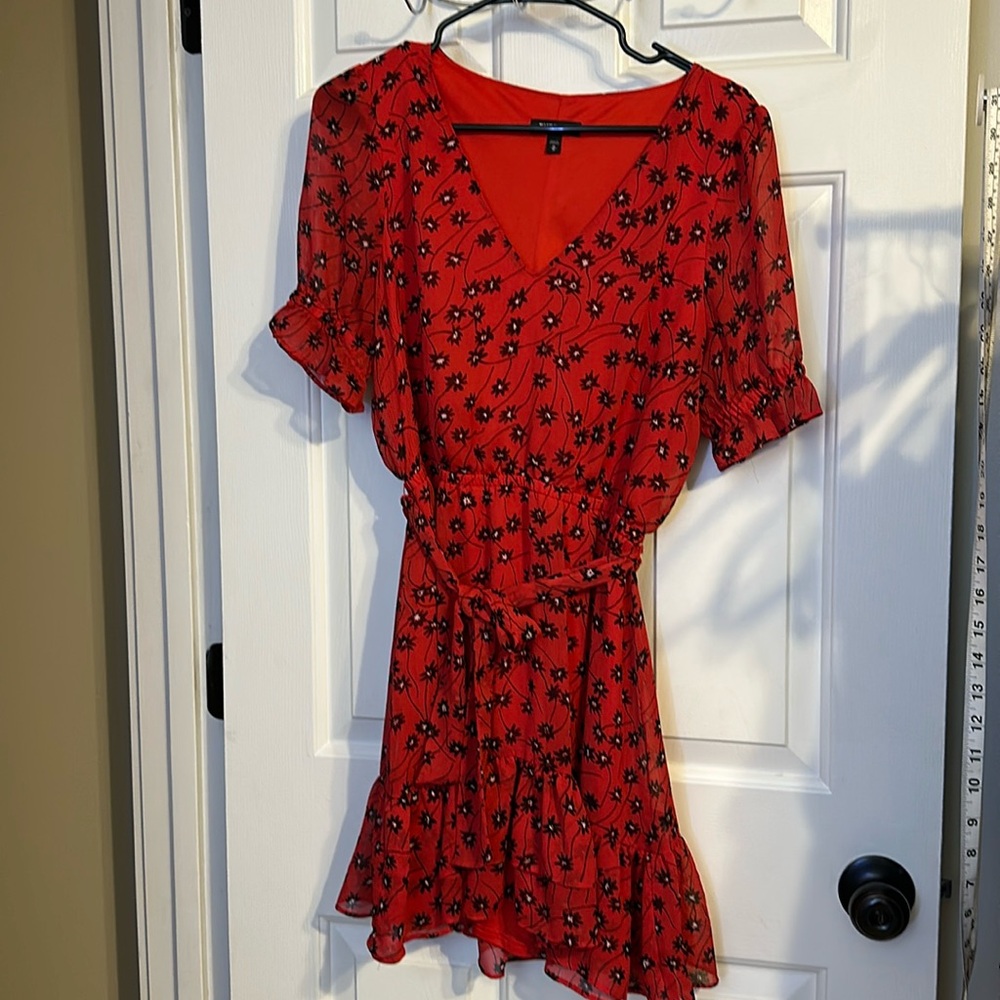 Express Red dress with black dress. Size Medium. Sheer sleeves, v neck.